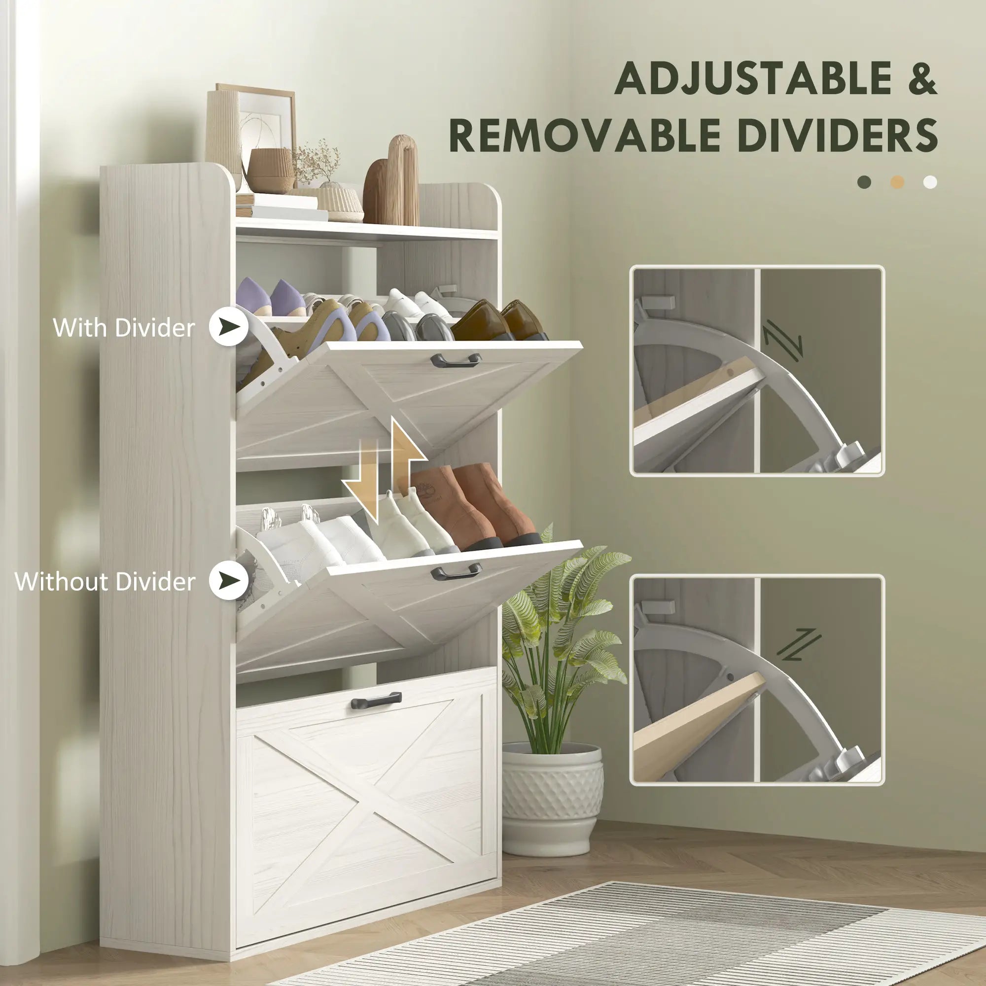 Narrow Shoe Storage Cabinet, 3 Flip Drawers, Adjustable Shelves, White Oak Shoe Storage Cabinets & Racks at Gallery Canada