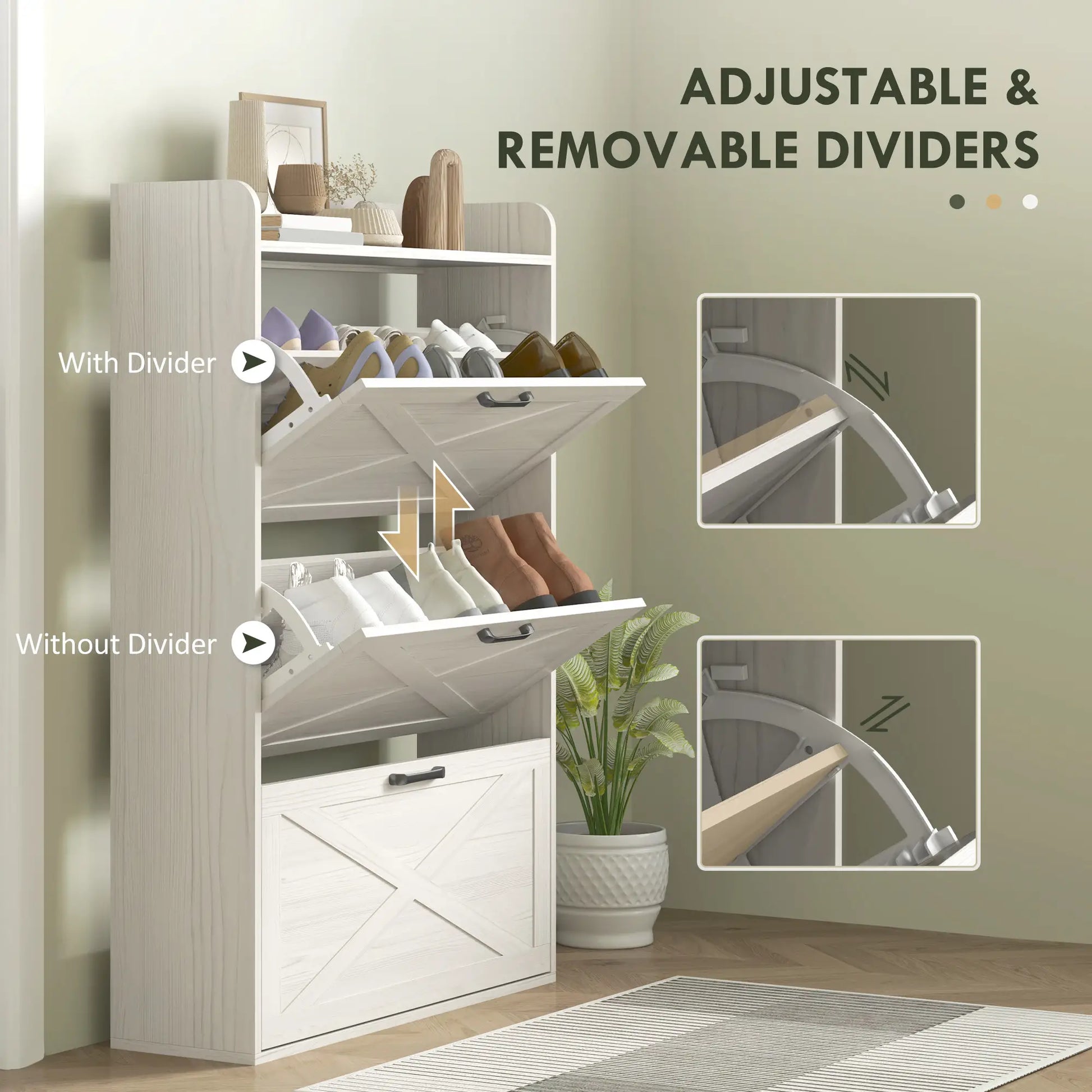 Narrow Shoe Storage Cabinet, 3 Flip Drawers, Adjustable Shelves, White Oak Shoe Storage Cabinets & Racks at Gallery Canada