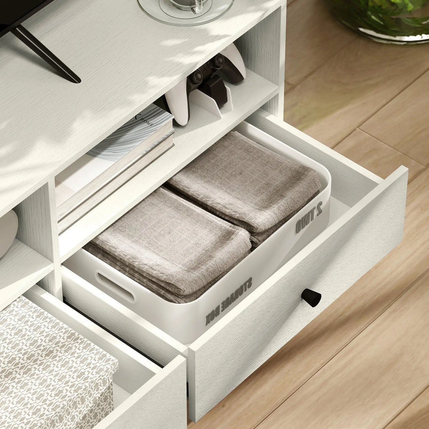 Support TV pour 75 Pouces, 3 Étagères de Rangement, 3 Tiroirs, Blanc