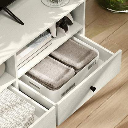 Support TV pour 75 Pouces, 3 Étagères de Rangement, 3 Tiroirs, Blanc