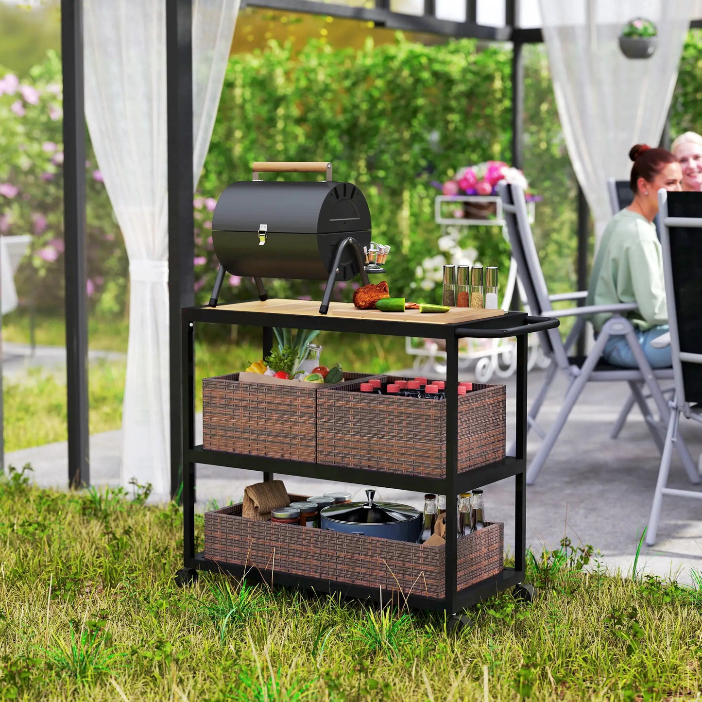 Outdoor Bar Cart, 3-Tier Rolling Cart With Removable Rattan Basket, Mixed-Brown Outdoor Grill Carts at Gallery Canada