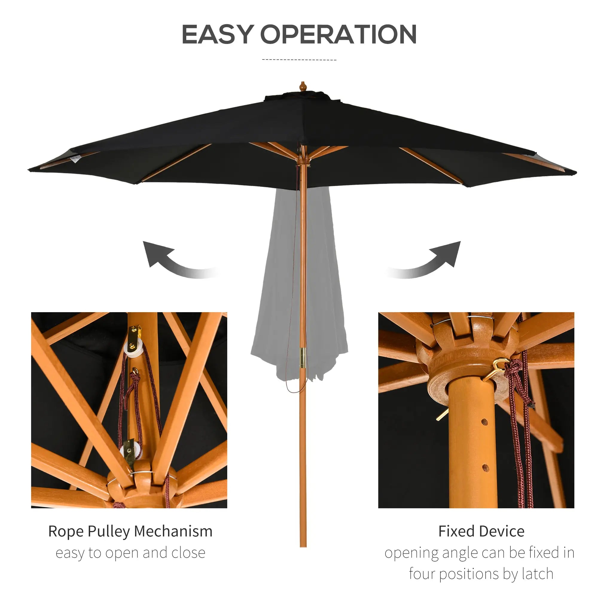 10' x 8' Wooden Patio Umbrella, Outdoor Sunshade Canopy, Black Sun Umbrellas at Gallery Canada