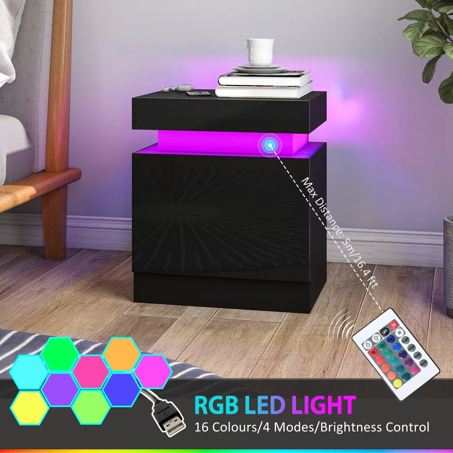Nightstand Set of 2, End Tables with LED Lights, 2 Drawers, Black Bedside Tables at Gallery Canada