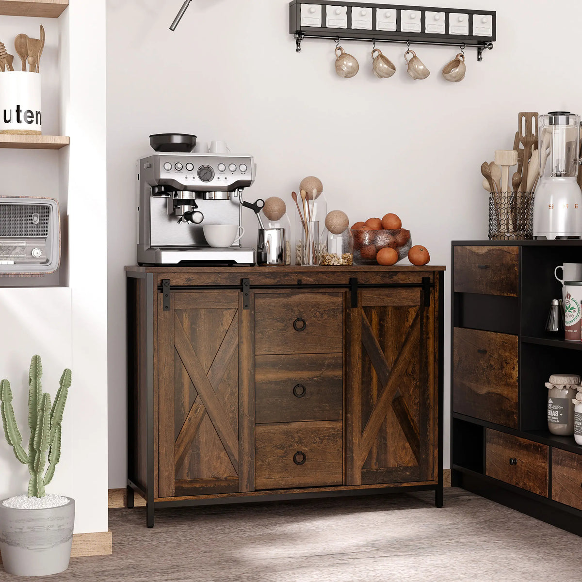 Industrial Buffet Cabinet, Kitchen Sideboard, Sliding Barn Doors, 3 Drawers, Adjustable Shelves, Rustic Brown, Brown Bar Cabinets at Gallery Canada