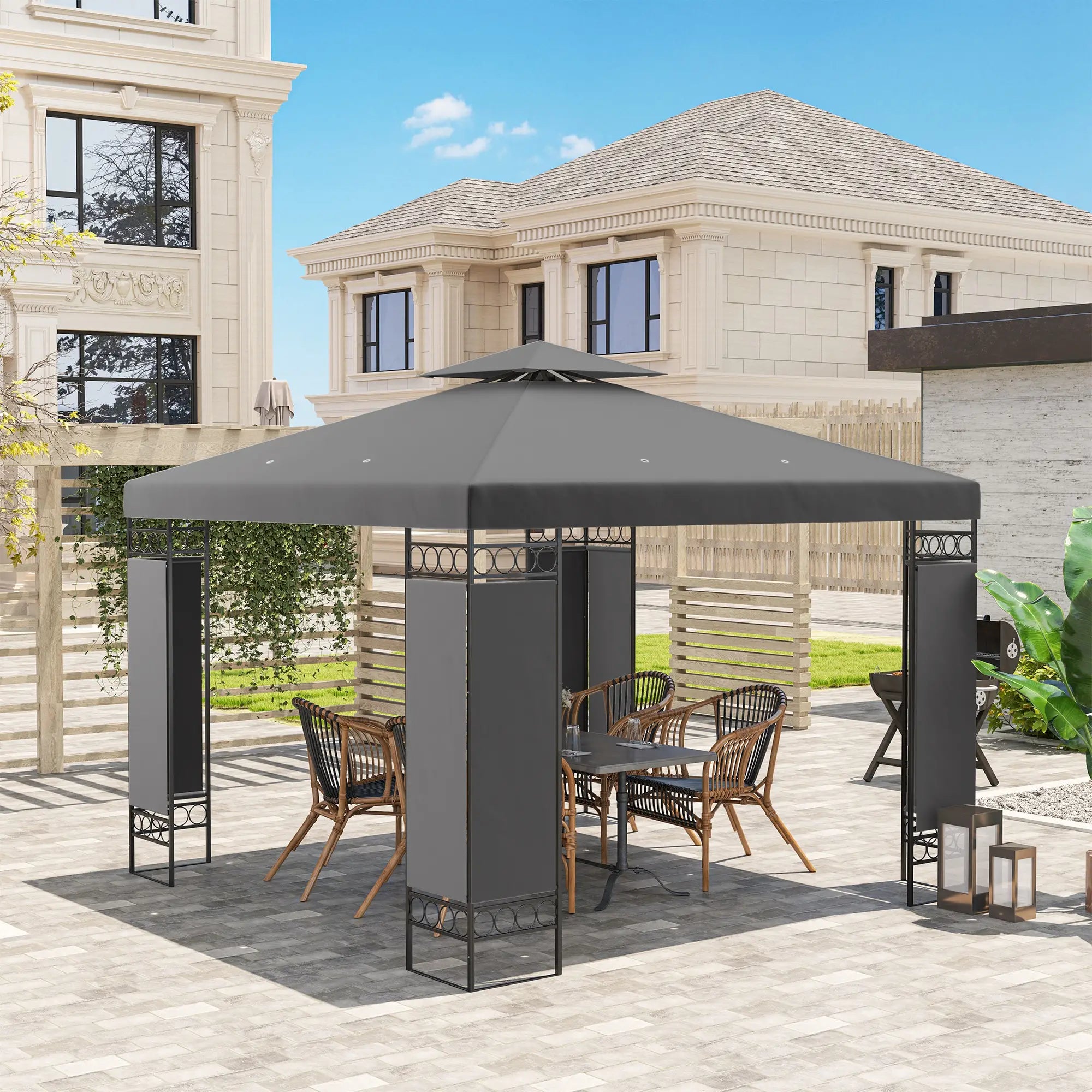 10 x 10 FT Canopy Gazebo, Double Roof With Screen Panels, Dark Grey Gazebos at Gallery Canada