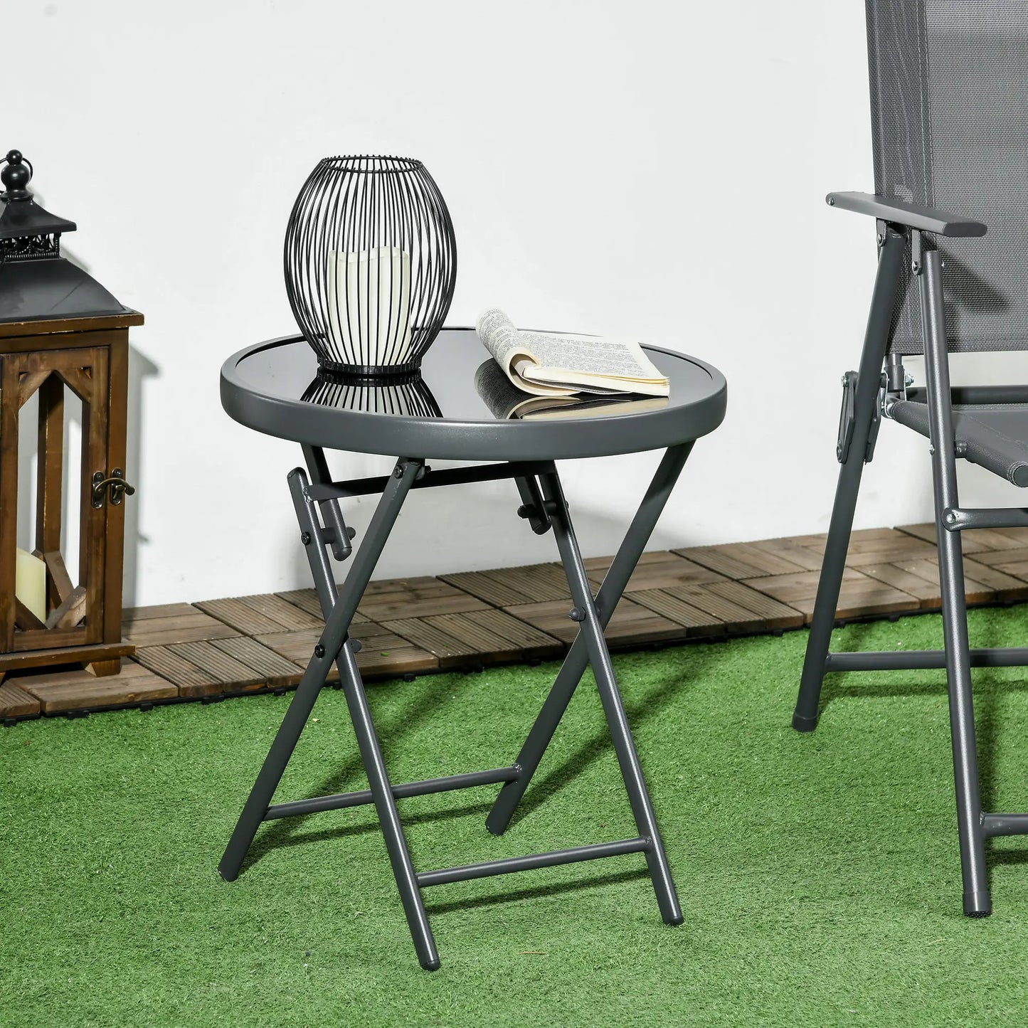 18" Outdoor Round Folding Table, Tempered Glass Top, Black Patio Side Tables at Gallery Canada