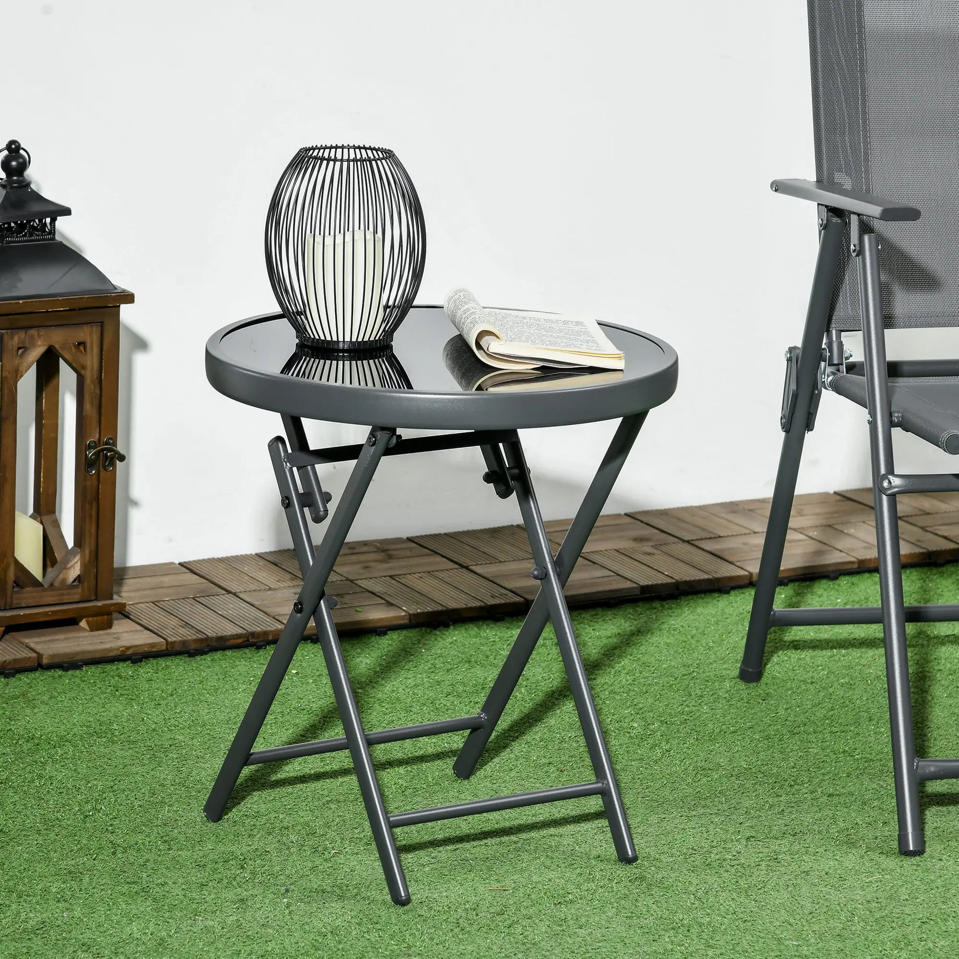 18" Outdoor Round Folding Table, Tempered Glass Top, Black Patio Side Tables at Gallery Canada
