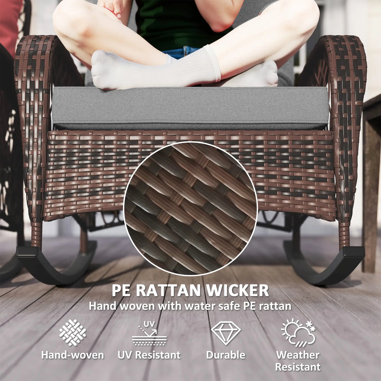 Outdoor Wicker Rattan Rocking Chair Set of 2, Patio Rocker with Cushions, Grey Outdoor Rocking Chairs at Gallery Canada