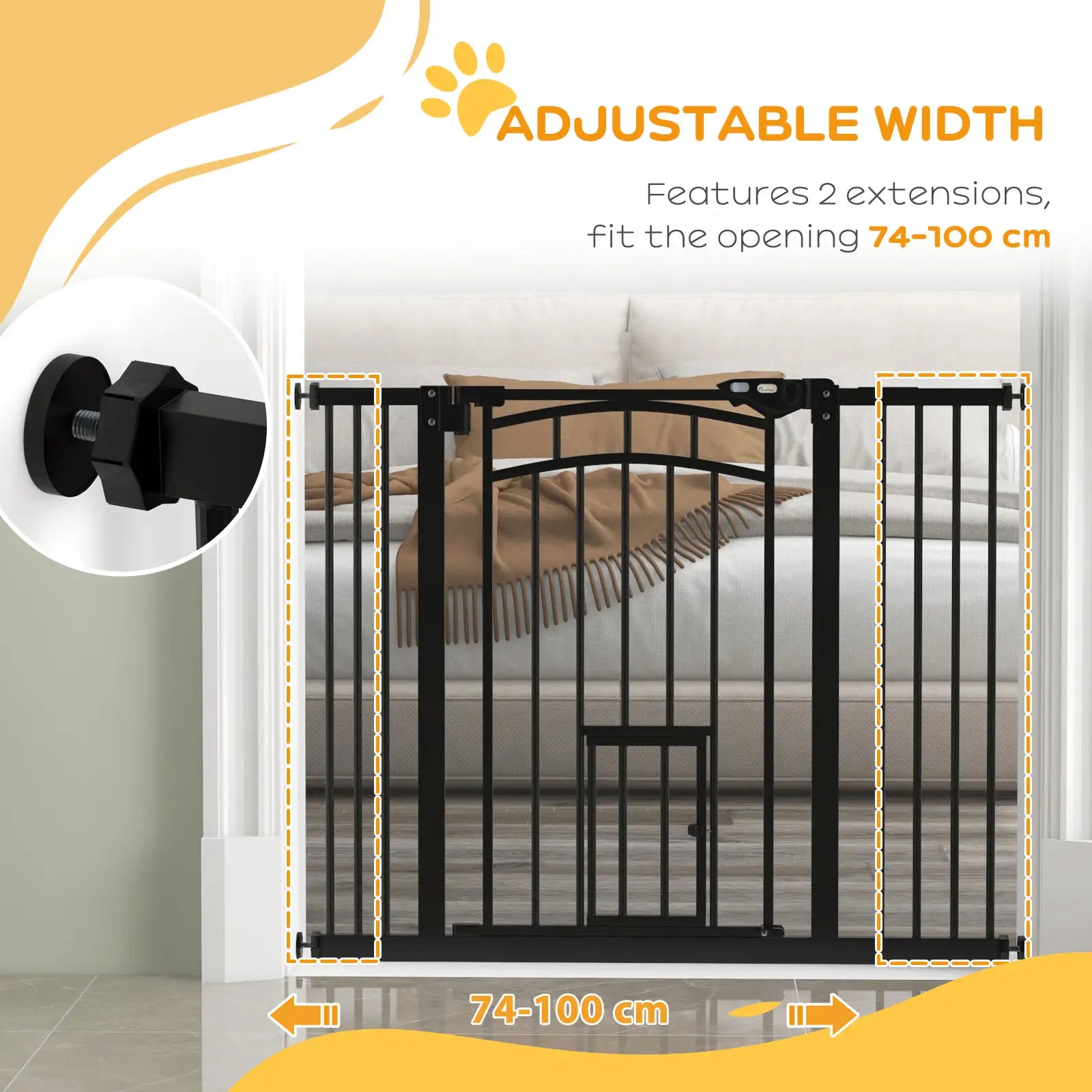 Auto-Close Pet Gate With Cat Door, Double Locking, Fits 29