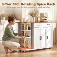 53" Kitchen Island with Outlet, Drop Leaf, Cart on Wheels, White