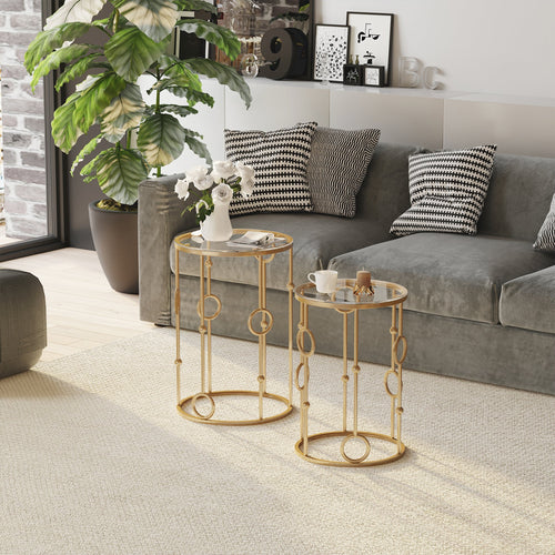 Round Coffee Tables Set of 2, Gold Nesting Side End Tables with Tempered Glass Top, Steel Frame for Living Room