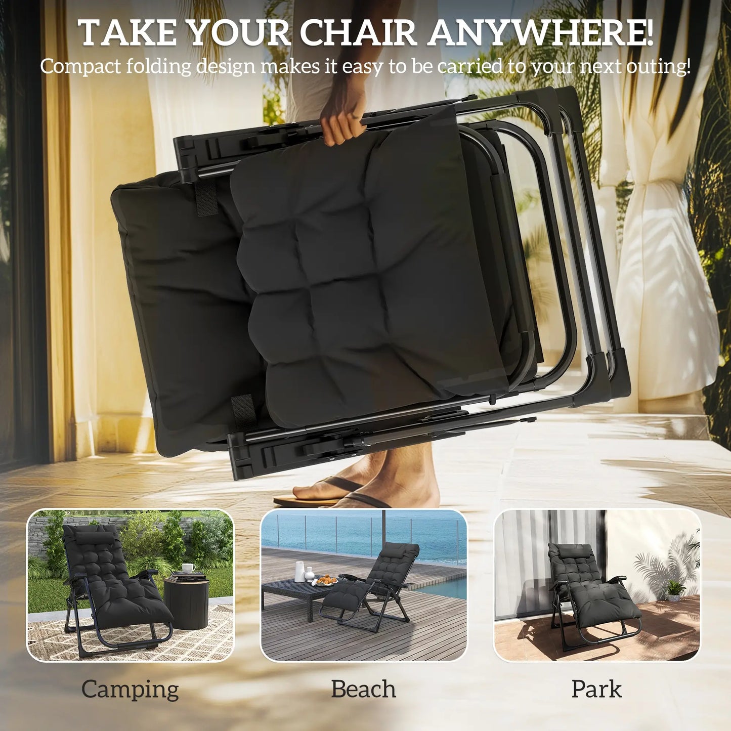 Folding Reclining Zero Gravity Sun Lounger Chair, Black Lounger Chairs at Gallery Canada