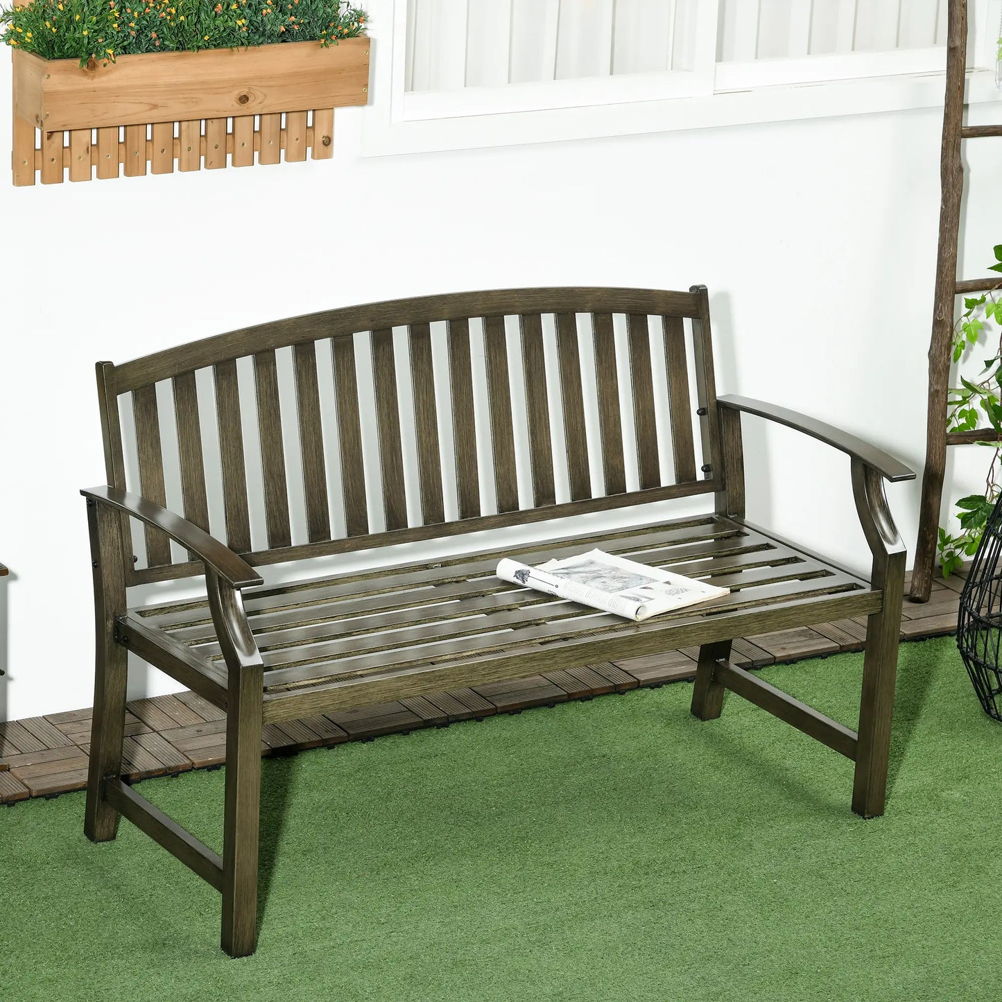 Outdoor Garden Bench, Metal Wood Look Slatted Frame, Black Outdoor Benches at Gallery Canada