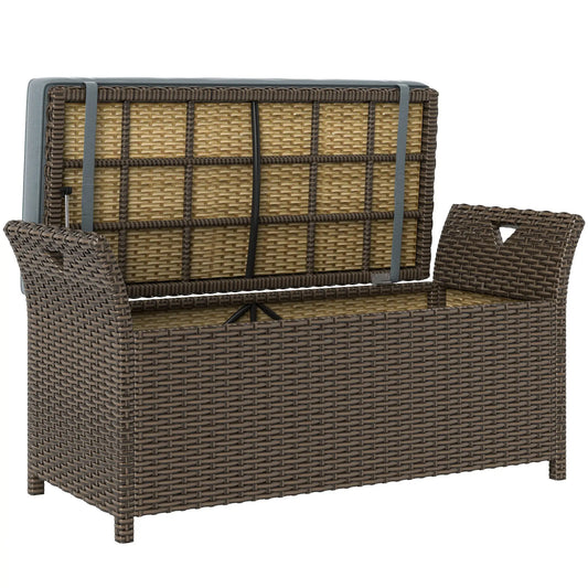 2-In-1 Outdoor PE Rattan Storage Bench, 29 Gallon, Dark Grey Patio Storage Boxes Brown Rattan, Dark Grey Cushion at Gallery Canada