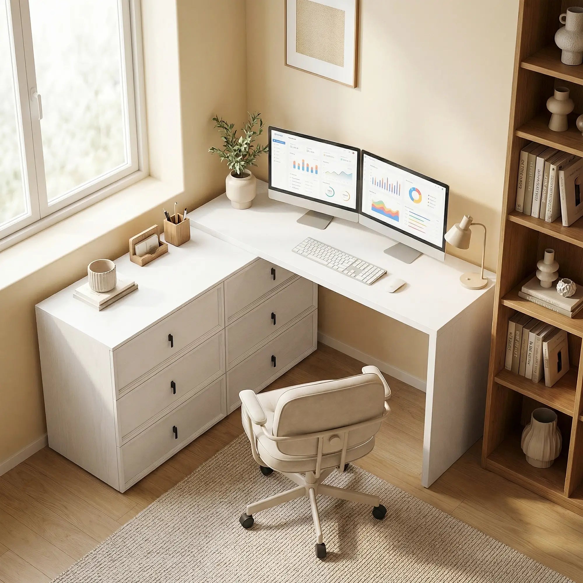 L Shaped Computer Desk, 6 Drawers, White Wood Grain, White Computer Desks at Gallery Canada