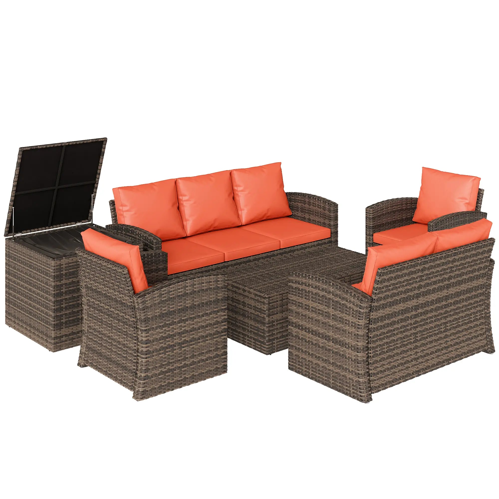 6-Piece Wicker Patio Set with Cushions, 7-Seater Rattan Sofa, Orange Patio Furniture Sets Mixed Brown Rattan, Orange Cushion at Gallery Canada