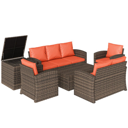 6-Piece Wicker Patio Set with Cushions, 7-Seater Rattan Sofa, Orange Patio Furniture Sets Mixed Brown Rattan, Orange Cushion at Gallery Canada