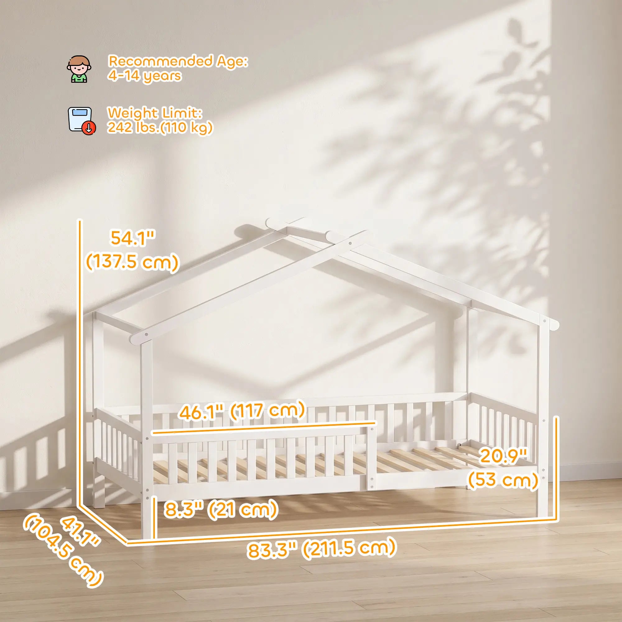 Twin Bed Frame, Solid Wood House Bed with Roof, Guardrail, No Box Spring, White Kids Bedroom Furniture at Gallery Canada