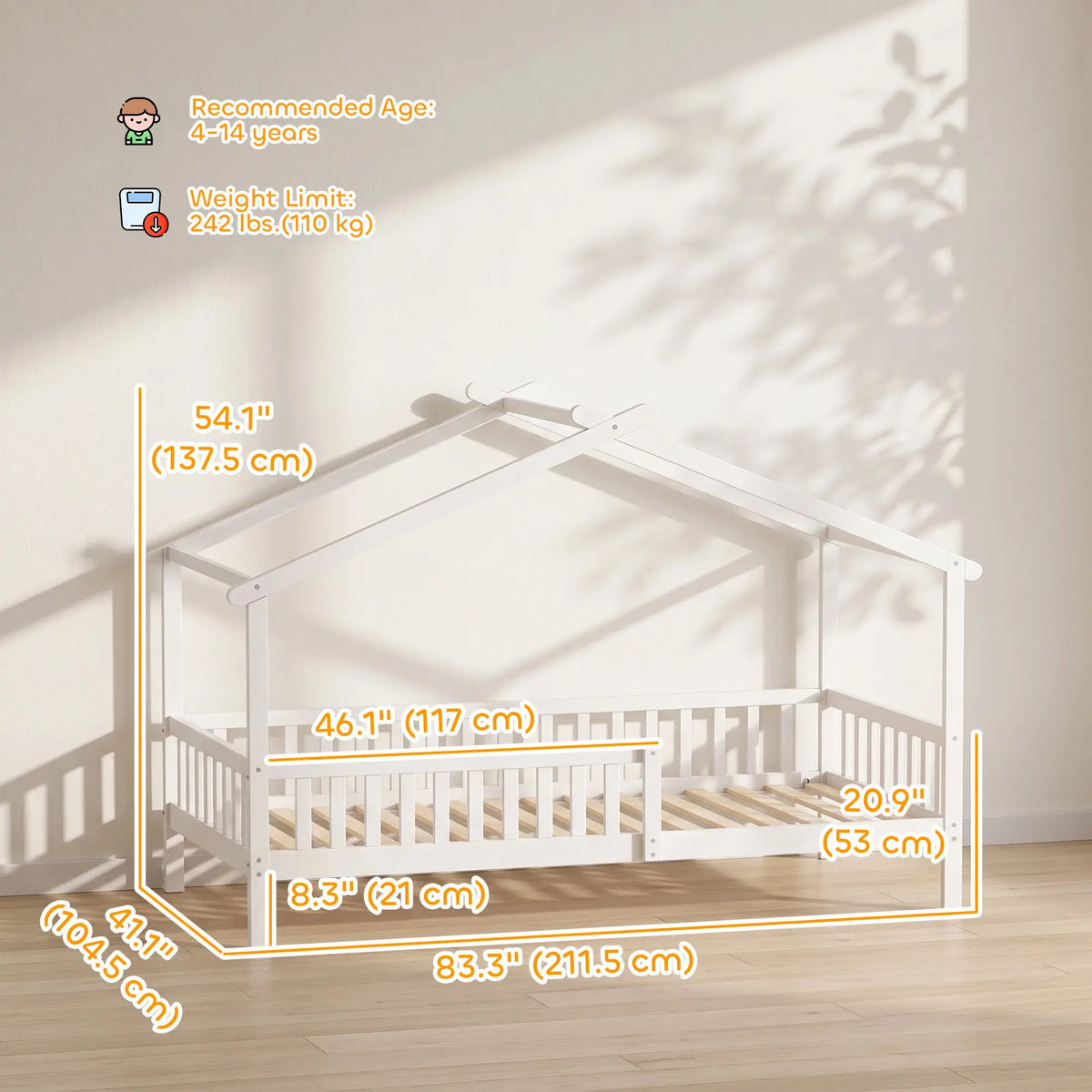 Twin Bed Frame, Solid Wood House Bed with Roof, Guardrail, No Box Spring, White Kids Bedroom Furniture at Gallery Canada