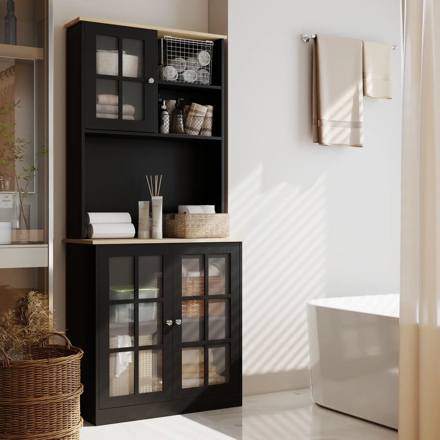 Buffet de cuisine avec armoire, 3 armoires, 2 étagères, noir
