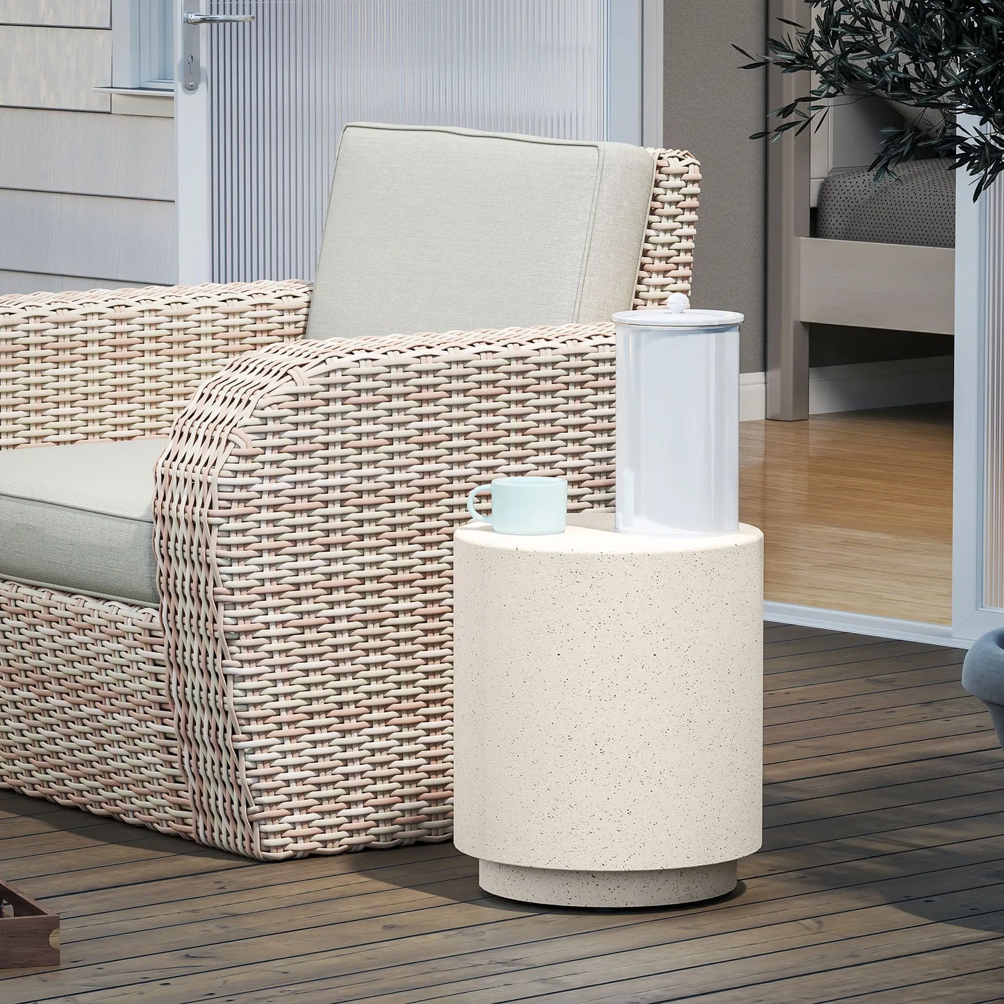 Terrazzo Finish Side Table, 17" Round, White, Cream Side Tables at Gallery Canada