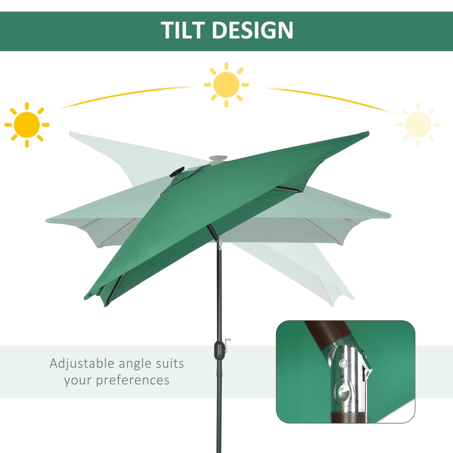 6.5x10ft Solar Powered Rectangle Patio Umbrella, Tilt Aluminum, Dark Green Sun Umbrellas at Gallery Canada