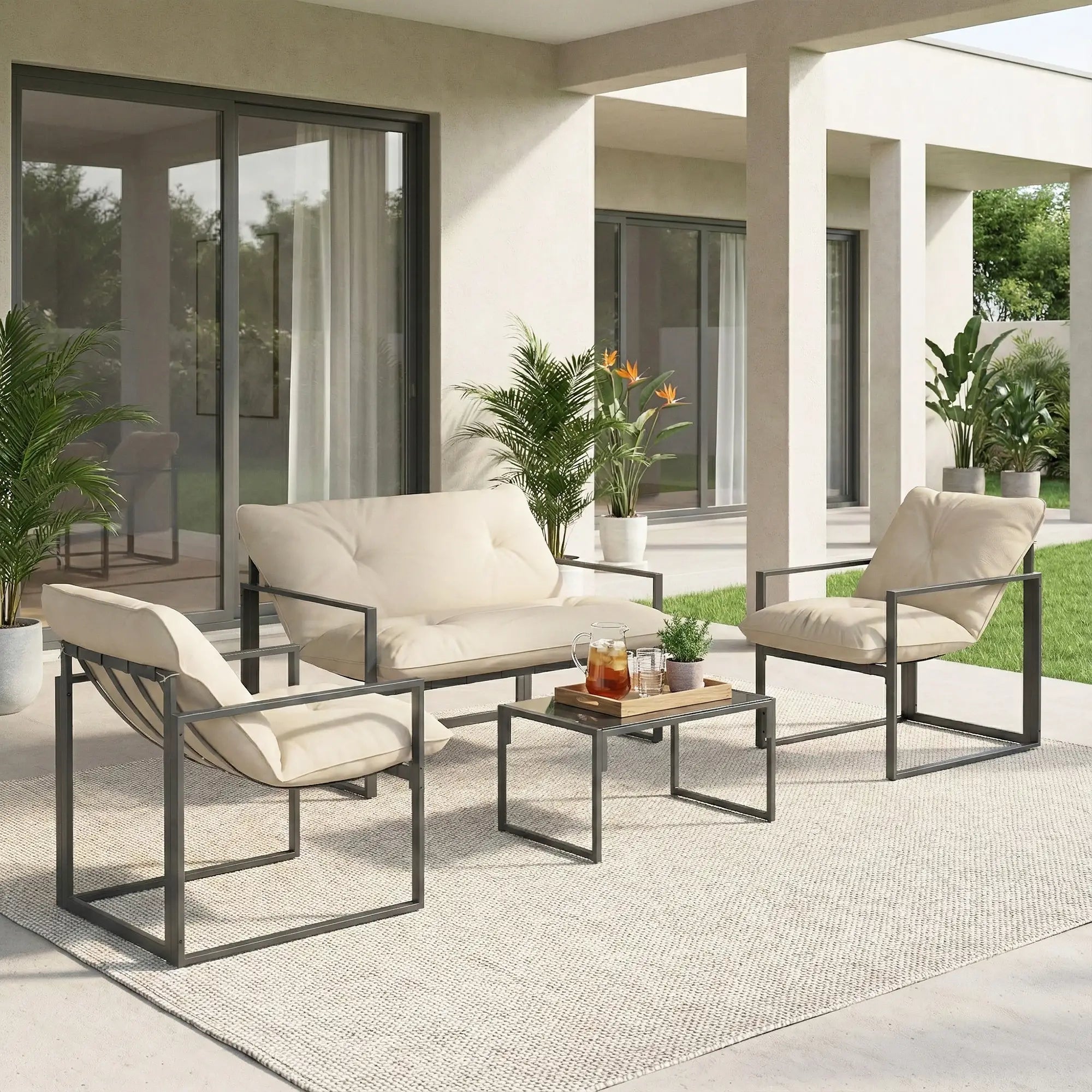 4pc Outdoor Furniture Set, Patio Conversation Set, Tempered Glass Table, Beige Patio Furniture Sets at Gallery Canada
