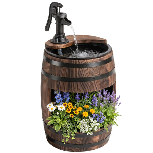 Wooden Outdoor Fountain, Electrical Barrel Waterfall, 3600r/min Pump, Carbonized