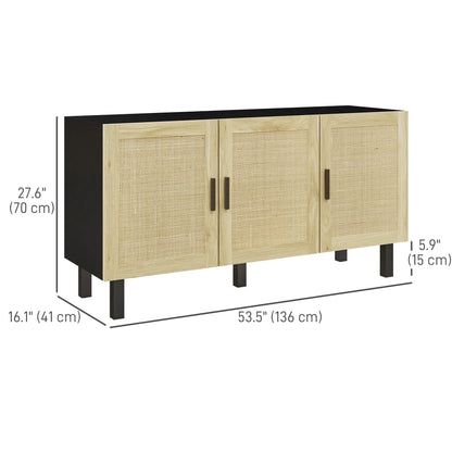 Boho Sideboard, 3 Rattan Doors, Adjustable Shelves, Natural, Black Storage Cabinets at Gallery Canada