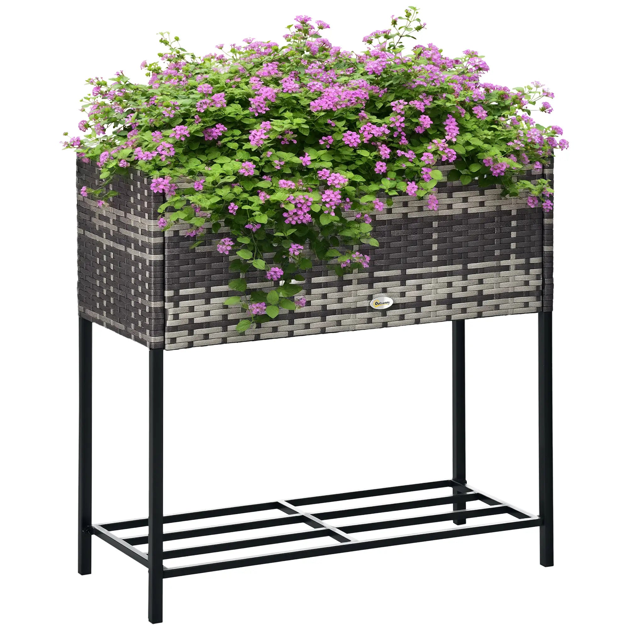 Rattan Raised Garden Box, Elevated Flower Bed with Shelf, Mixed Grey, Grey Plant Stands at Gallery Canada