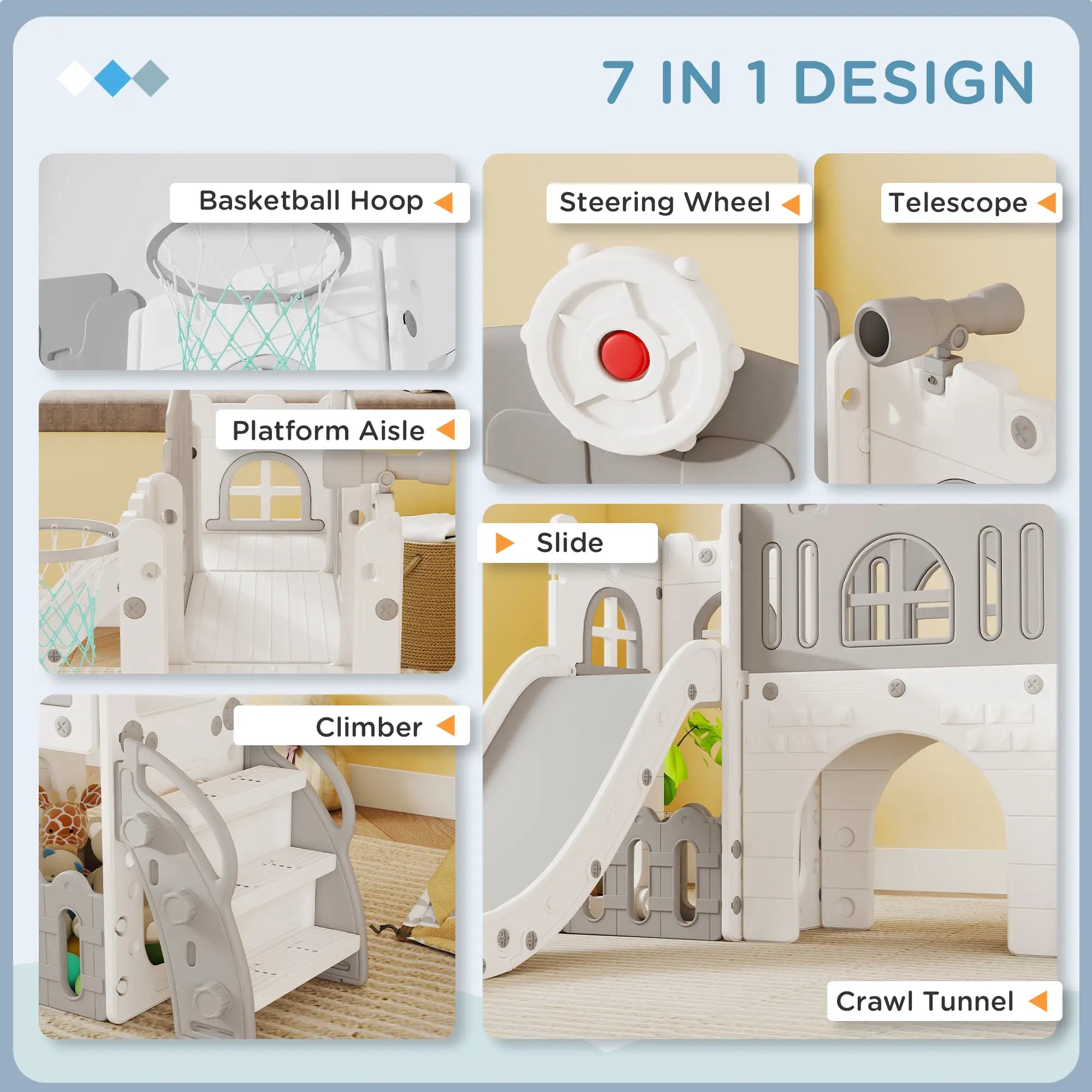 7-In-1 Toddler Slide With Basketball Hoop, Climber, Tunnel, Grey Gym Sets & Swings at Gallery Canada