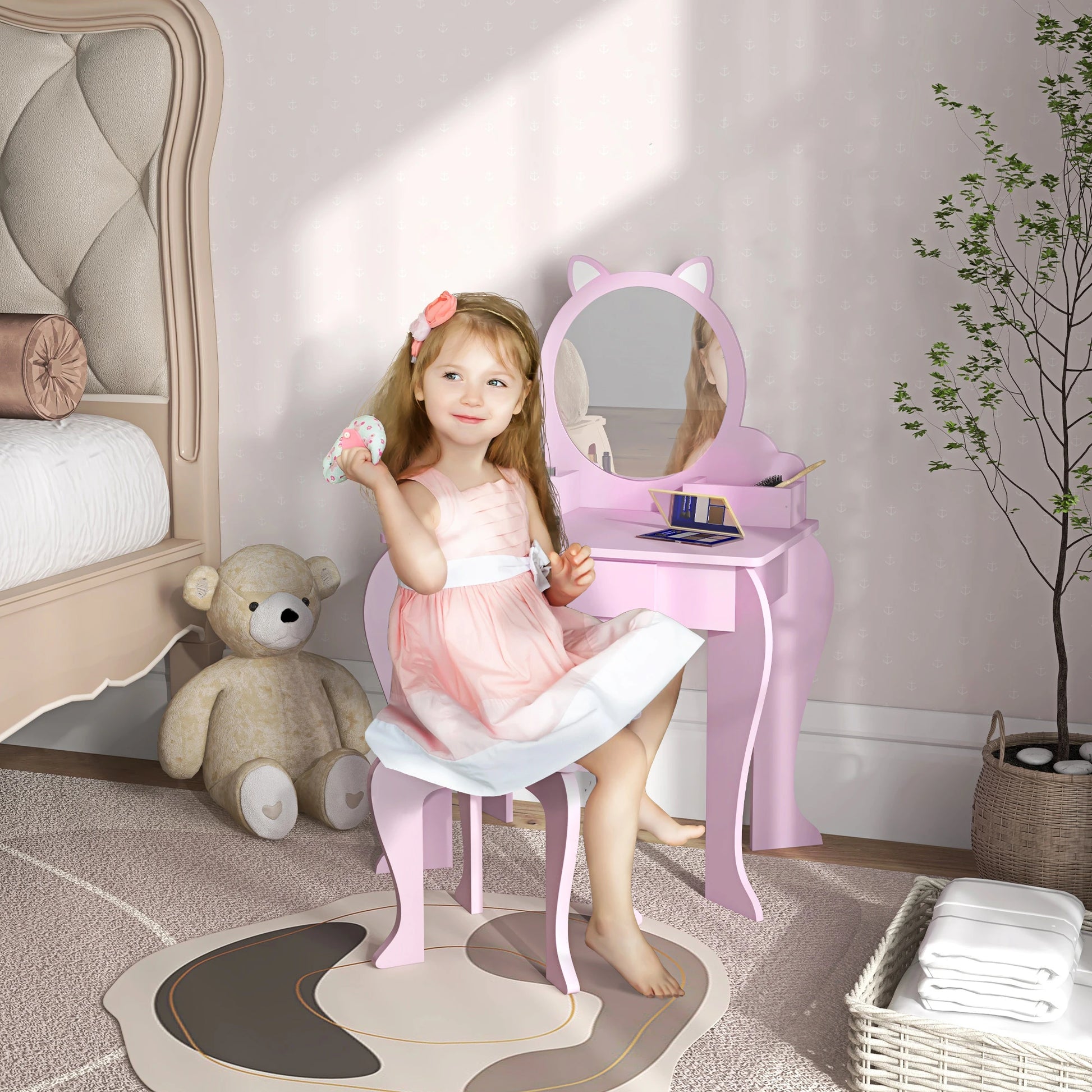 Cat Design Makeup Vanity with Mirror, Stool, Drawer, Pink Toy Vanity at Gallery Canada