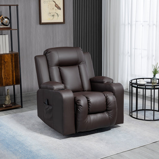 Massage Recliner Chair for Living Room with 8 Vibration Points, PU Leather Reclining Chair with Cup Holders, Swivel Base, Rocking Function, Brown - Gallery Canada