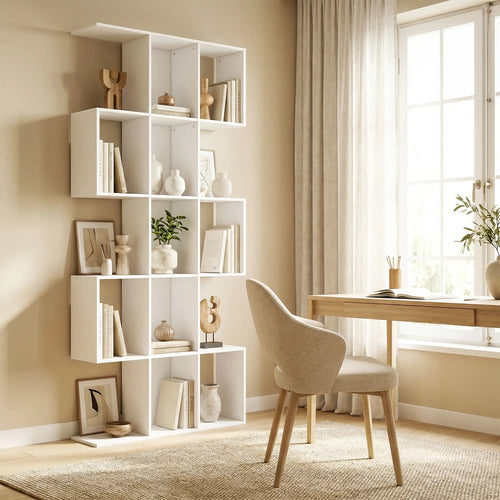 5-Tier Bookshelf, S Shaped Geometric Bookcase, White Wood Grain, White