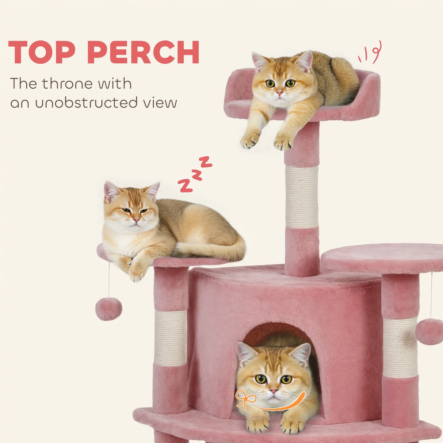 62" Cat Tree With Scratching Post, 2 Condos, Hammock, Pink