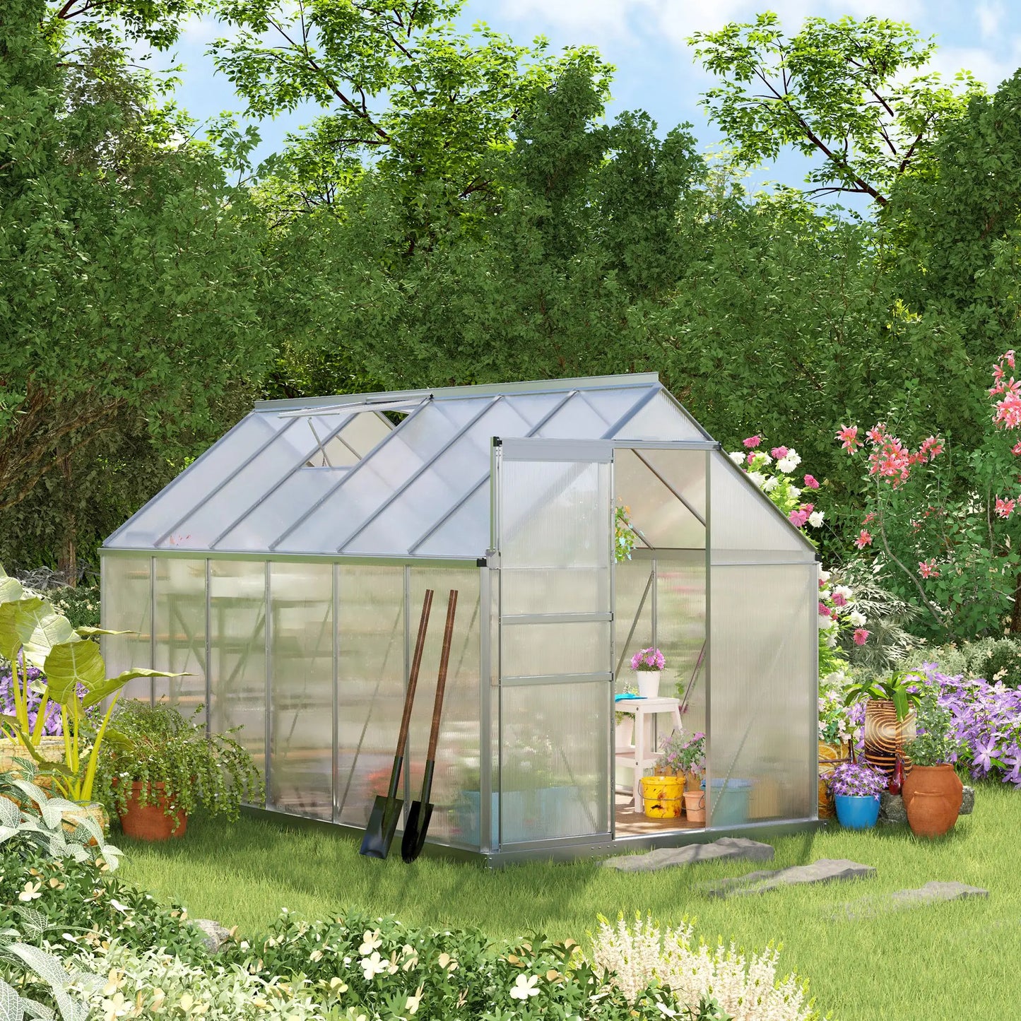 6' x 12' x 6.5' Walk-in Greenhouse, Polycarbonate, Adjustable Roof Vent, Sliding Door, Clear Walk In Greenhouses at Gallery Canada