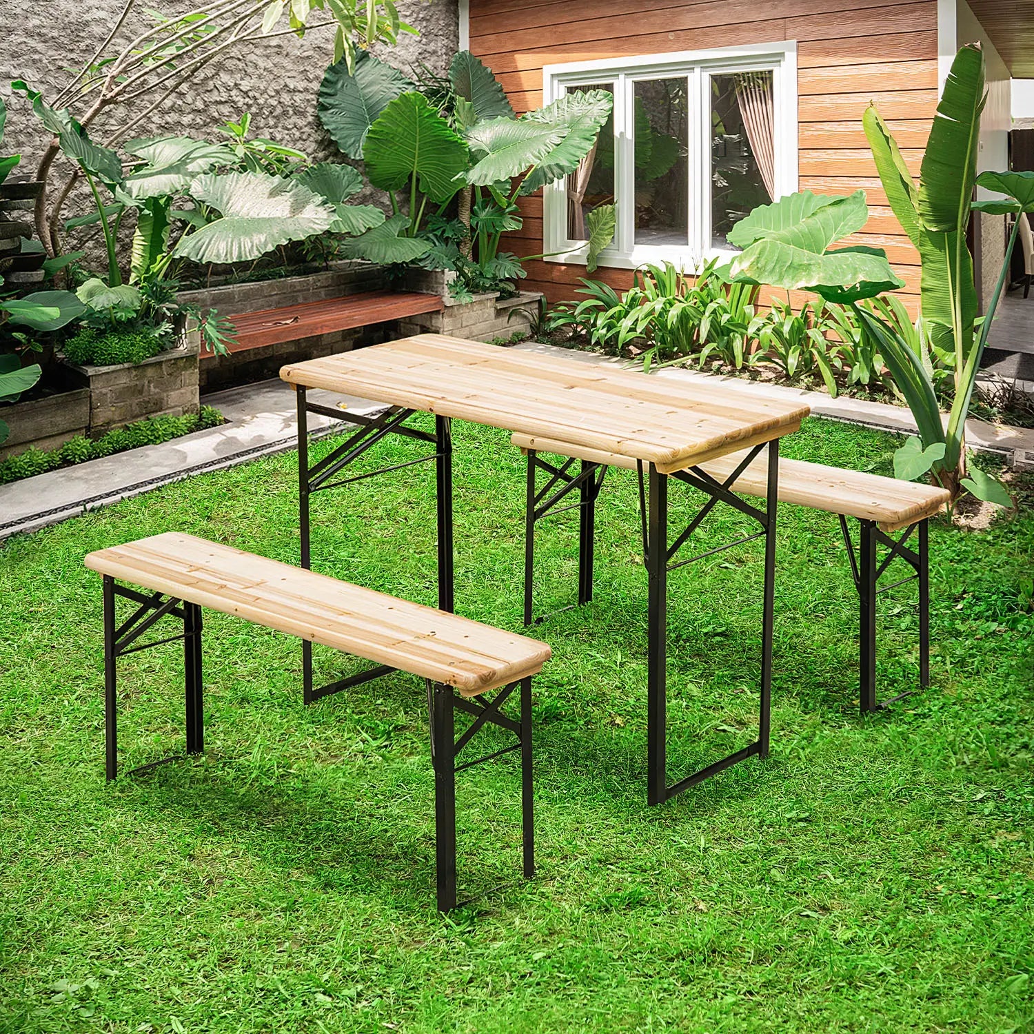 3 Pc Folding Picnic Table Set, 1 Table 2 Benches, Natural Bistro Sets at Gallery Canada