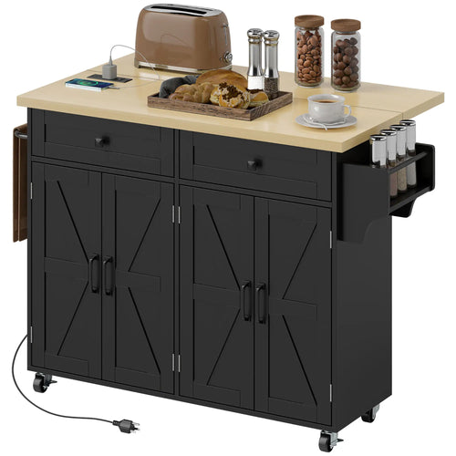 Kitchen Island With Storage, Rolling Cart, Charging Station, Drop Leaf