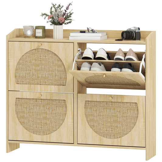 4 Flip-Drawer Shoe Cabinet, Rattan Doors, Adjustable Shelves, Holds 16 Pairs, Natural Shoe Storage Cabinets & Racks Natural at Gallery Canada