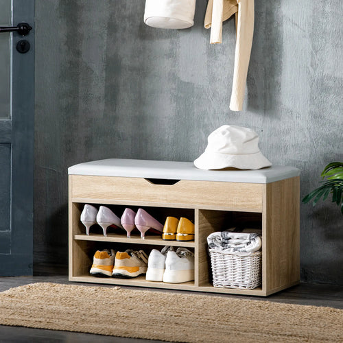 Shoe Bench with Padded Cushion, Hidden Storage, Natural