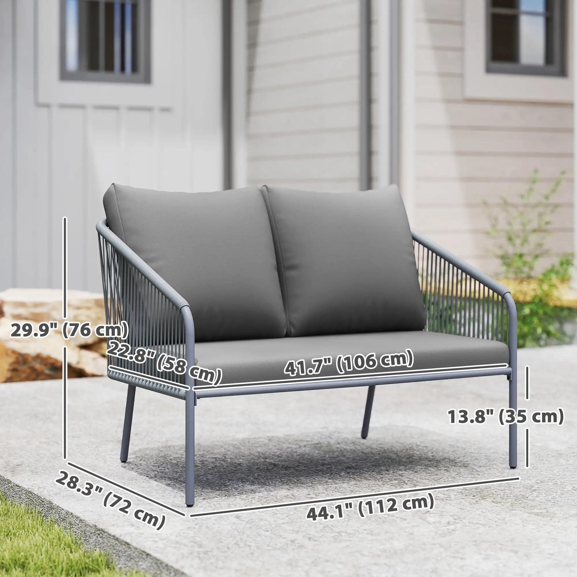 Outdoor Rattan Sofa With Cushions, 2-Seater, 112 x 72 x 76 cm, Grey Patio Furniture Sets at Gallery Canada