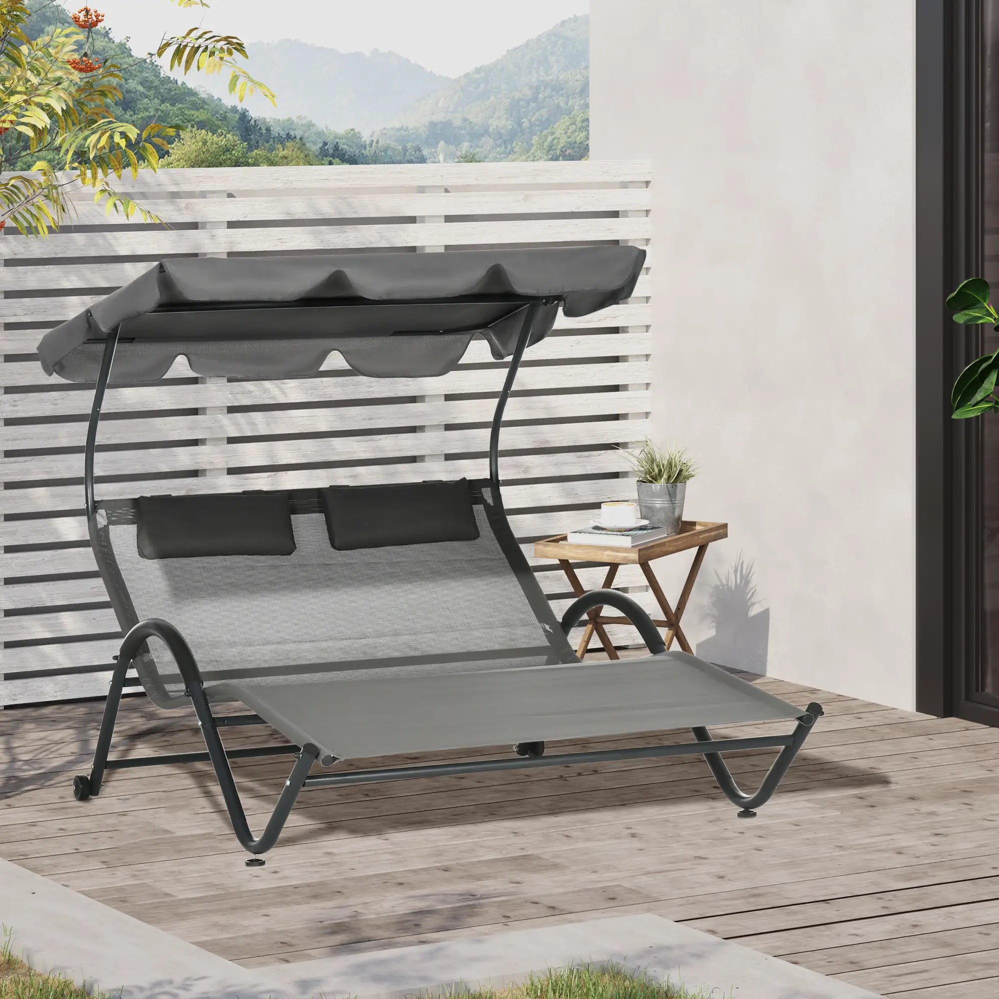 Outdoor Chaise Lounge Chair, Sun Lounger with Sunshade, Wheels, Breathable Mesh, Dark Gray Daybeds at Gallery Canada