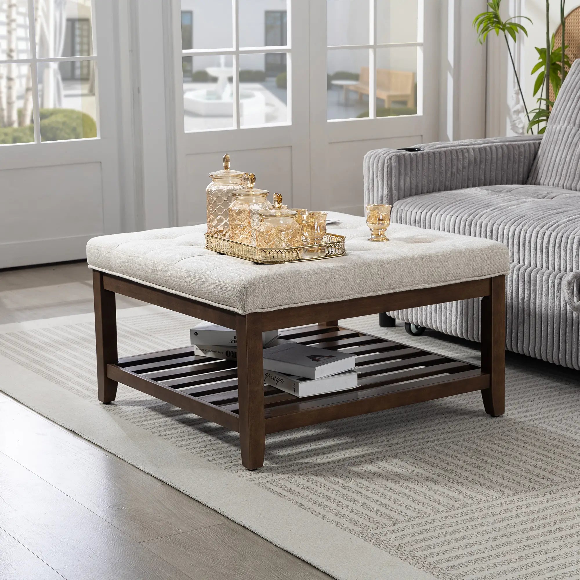 32 Inch Ottoman Coffee Table, Beige Linen Upholstered Storage Footstool, Beige Coffee Tables at Gallery Canada
