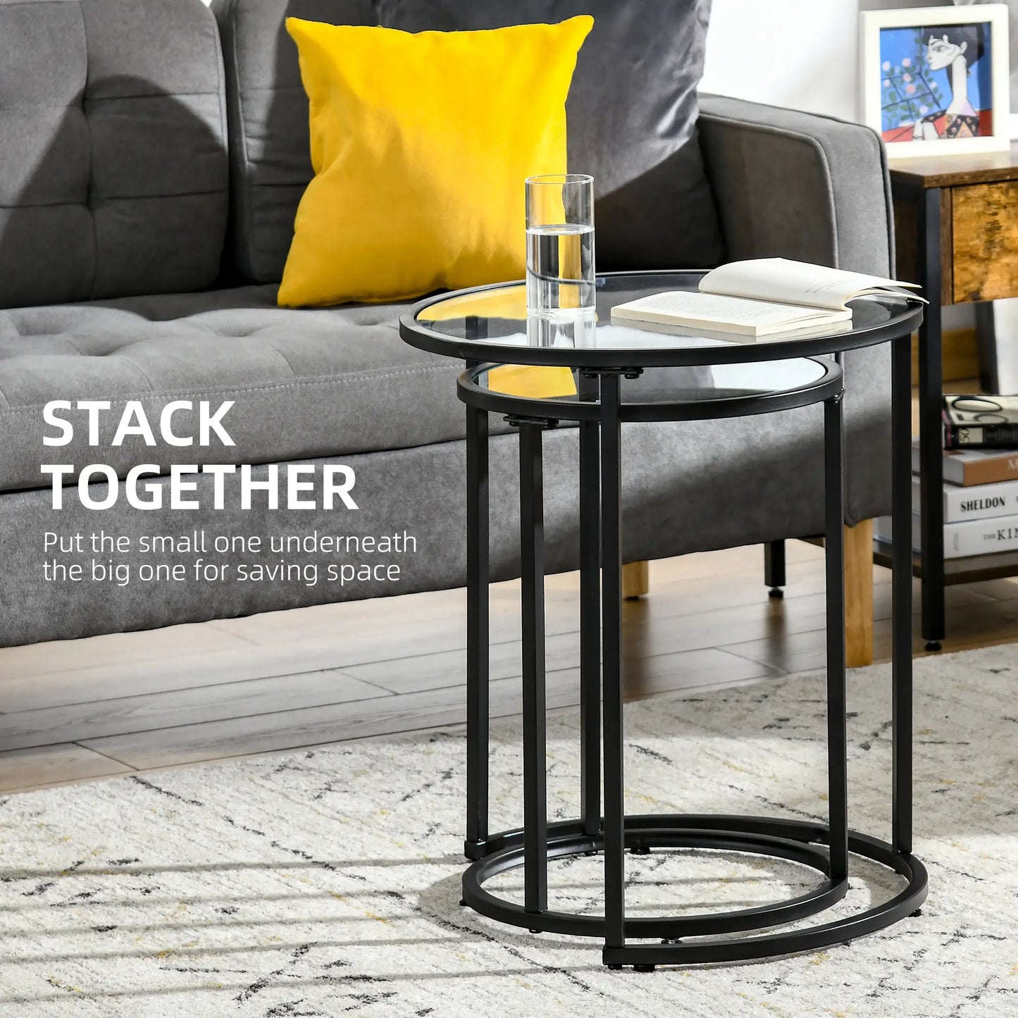 Set of 2 Nesting Coffee Tables, Round Side Table with Tempered Glass Top, Black Side Tables at Gallery Canada