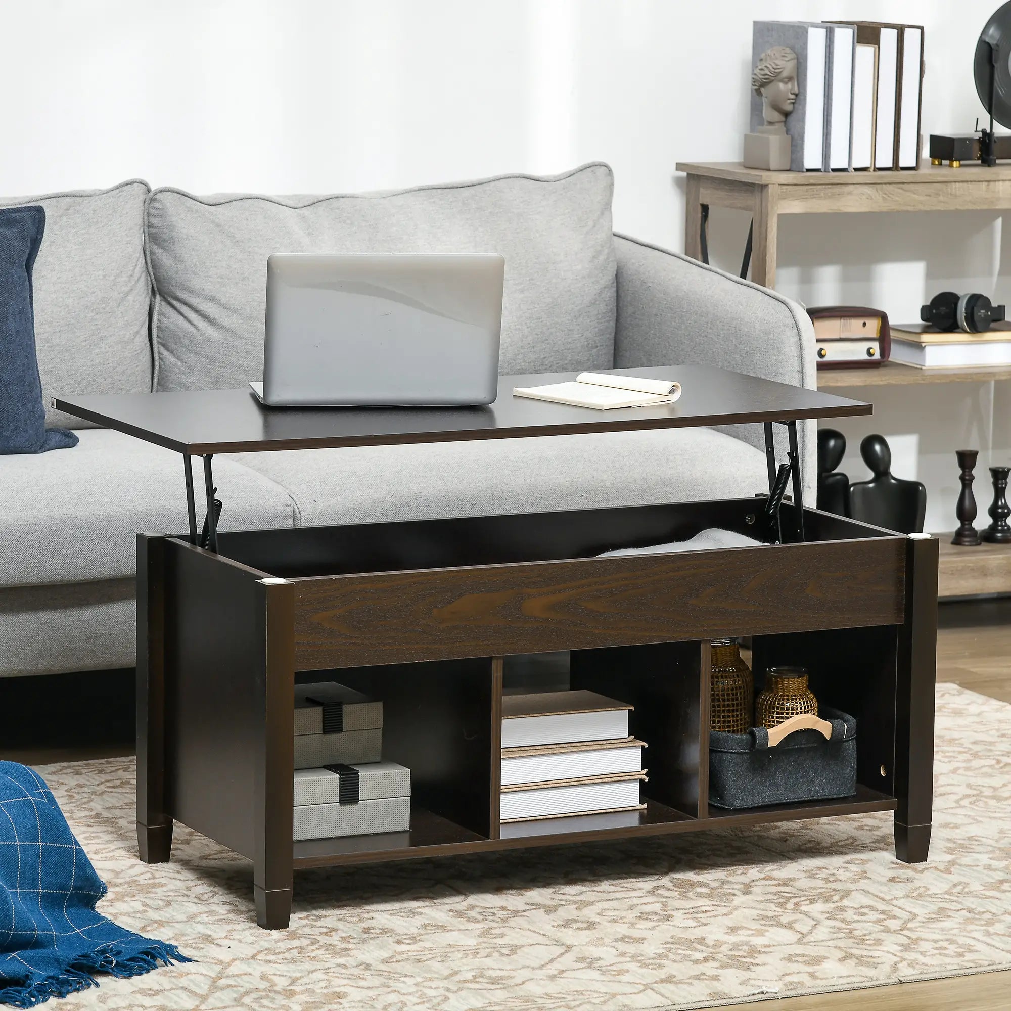 Lift Top Coffee Table, Hidden Storage, 3 Shelves, Espresso Coffee Tables at Gallery Canada