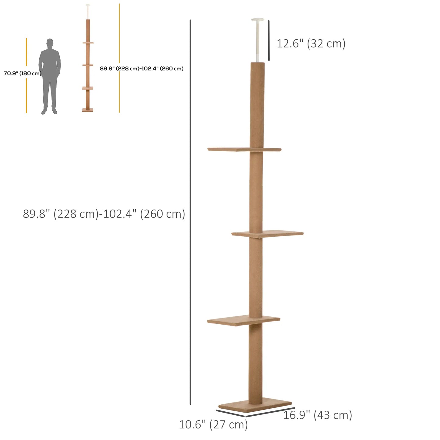 100" Floor To Ceiling Cat Tree, 3 Perches, Activity Center, Light Brown Floor to Ceiling Cat Trees at Gallery Canada