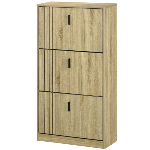Shoe Storage Cabinet, 18 Pairs, 3 Flip Drawers, Adjustable Shelves, Oak