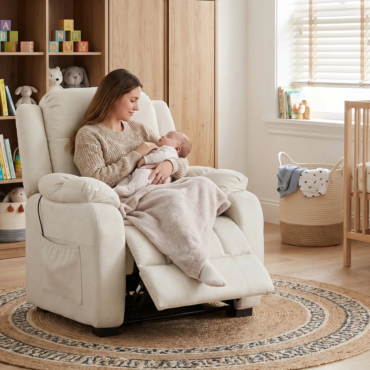 Massage Recliner Chair, Quiet Brushless Motor, Pet-Friendly Fabric, 2 Memory Positions, Cream White Single Sofas at Gallery Canada