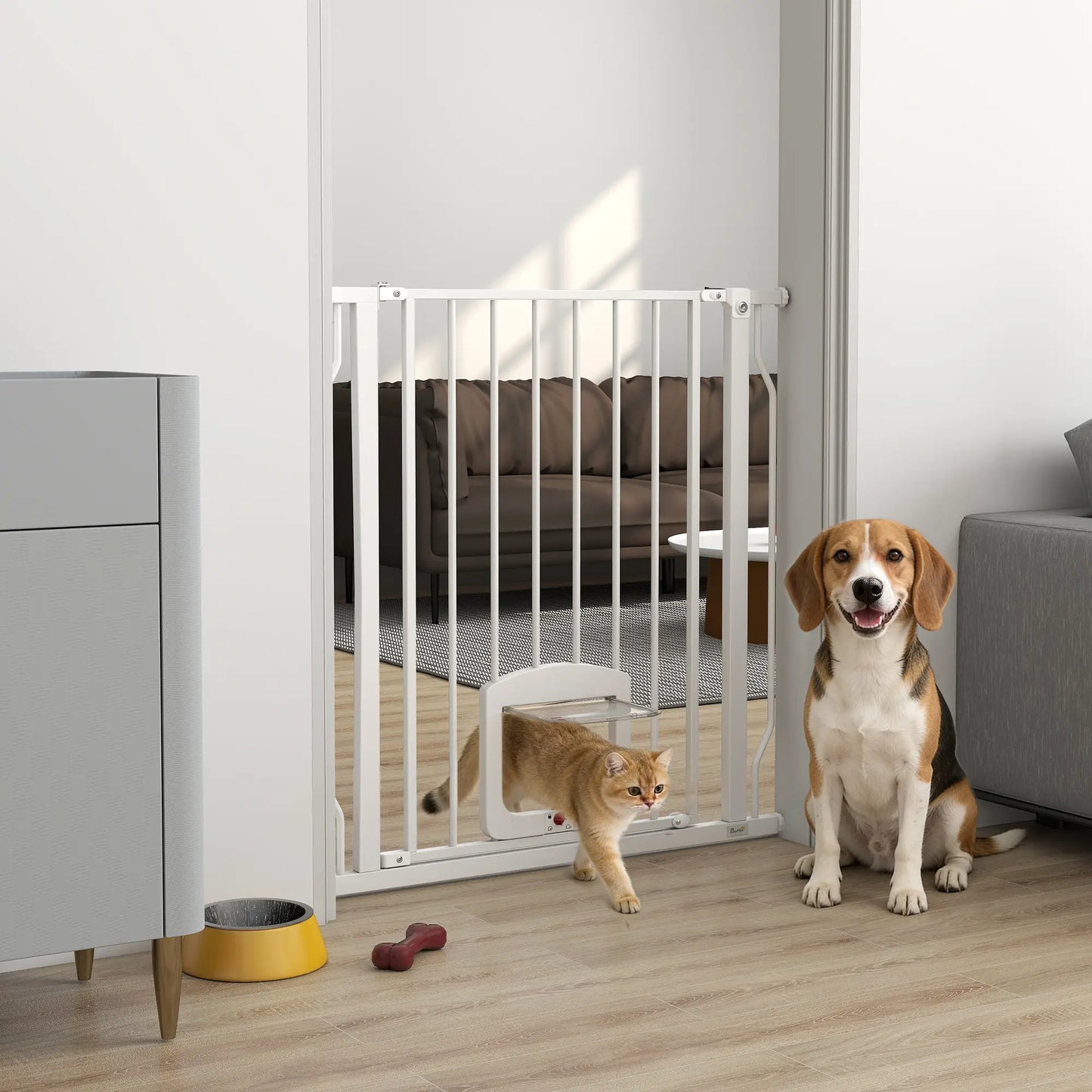 29.5-33.5" Adjustable Dog Gate with Cat Door, White