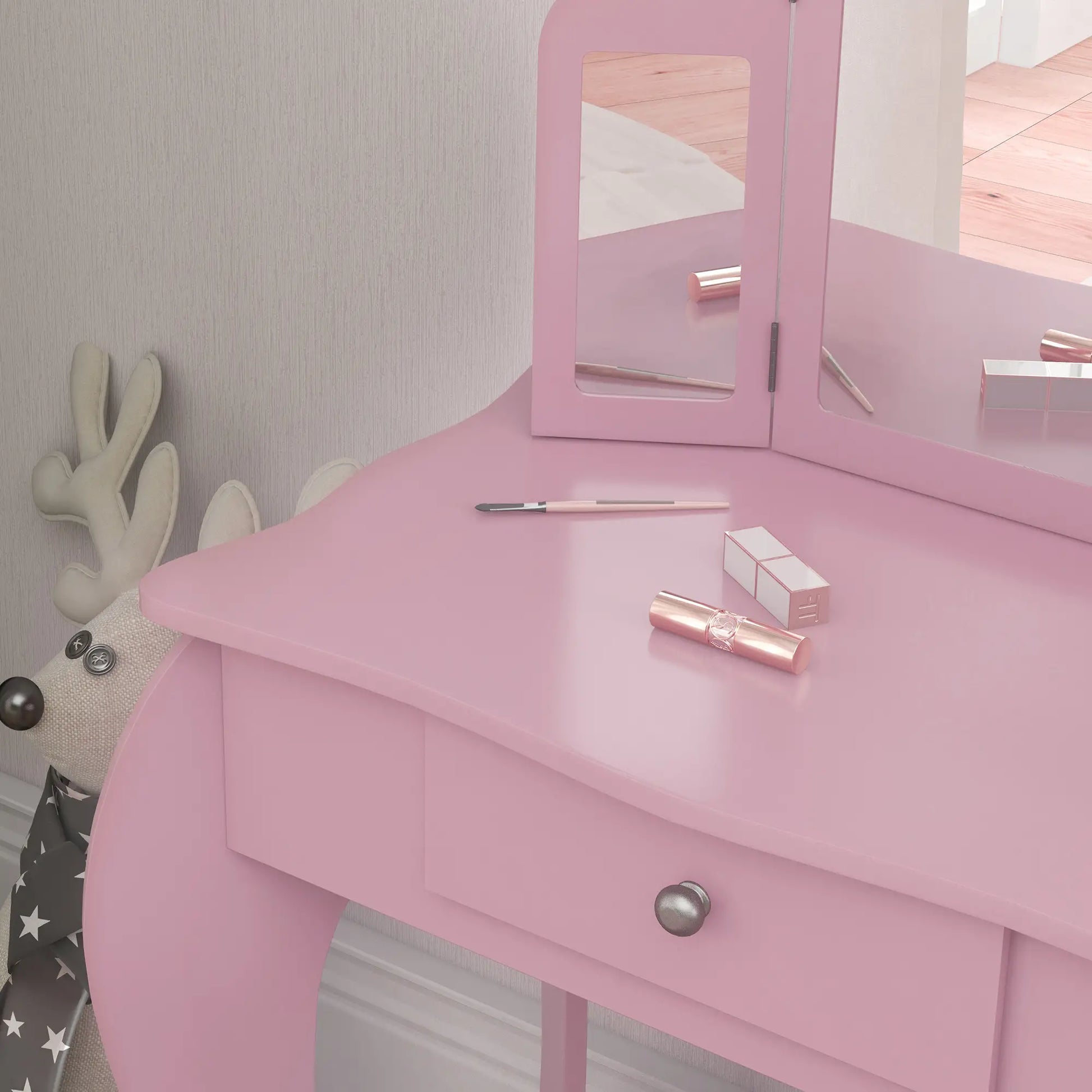 Kids Vanity Table and Stool, Makeup Set with Tri-Folding Mirrors, Pink Kids Bedroom Furniture at Gallery Canada
